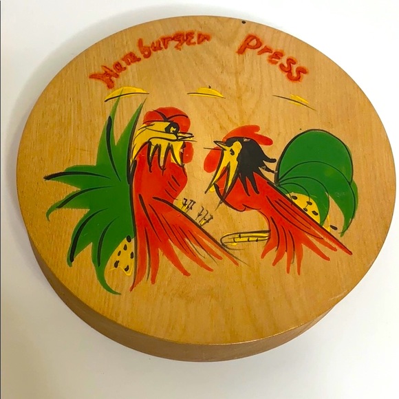 Vintage Wood Hamburger Press | Rooster Art | Round Perfect Burgers 60’s Kitchen - Picture 1 of 8